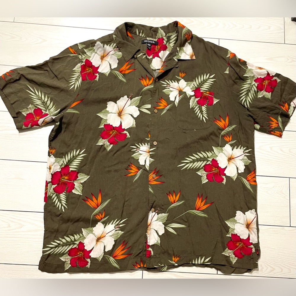 George‎ Brown Hibiscus Floral Hawaiian Short Sleeve Shirt Button Up Mens Size XL
